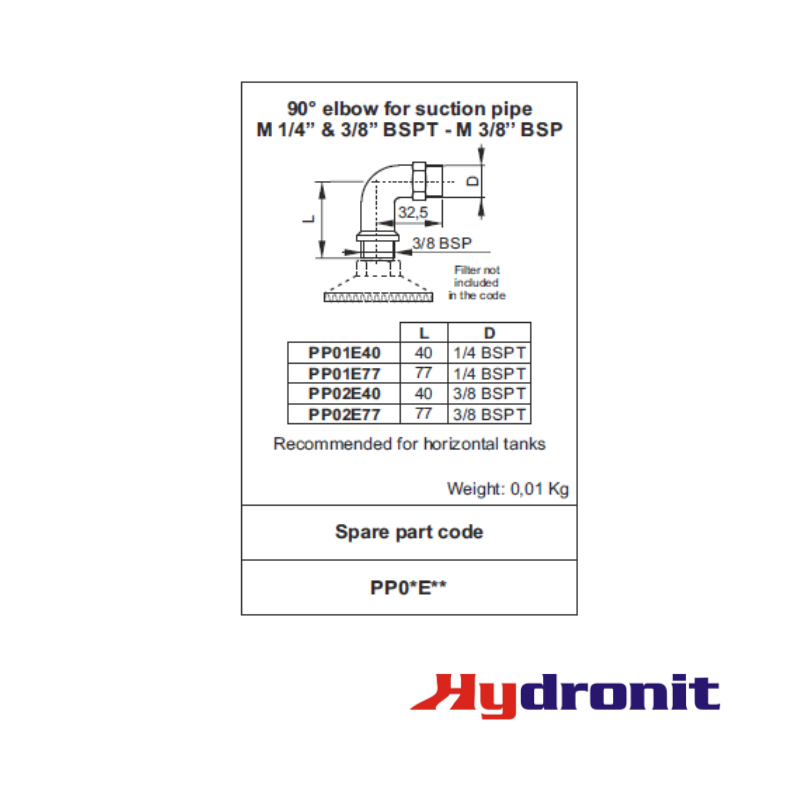 ELBOW SUCTION PIPE 3/8"BSP 40MM